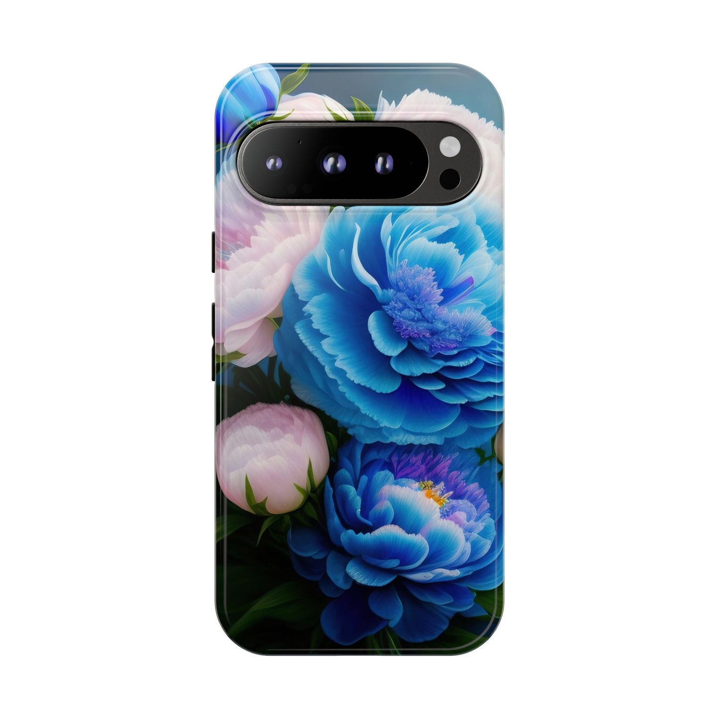 Floral Blue Peony Phone Case — Protective Tough Case with Pink & Blue Blooms