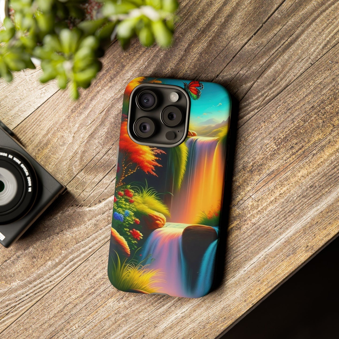 Phone Case - Vibrant Waterfall Landscape with Butterfly | Colorful Nature Protective Case