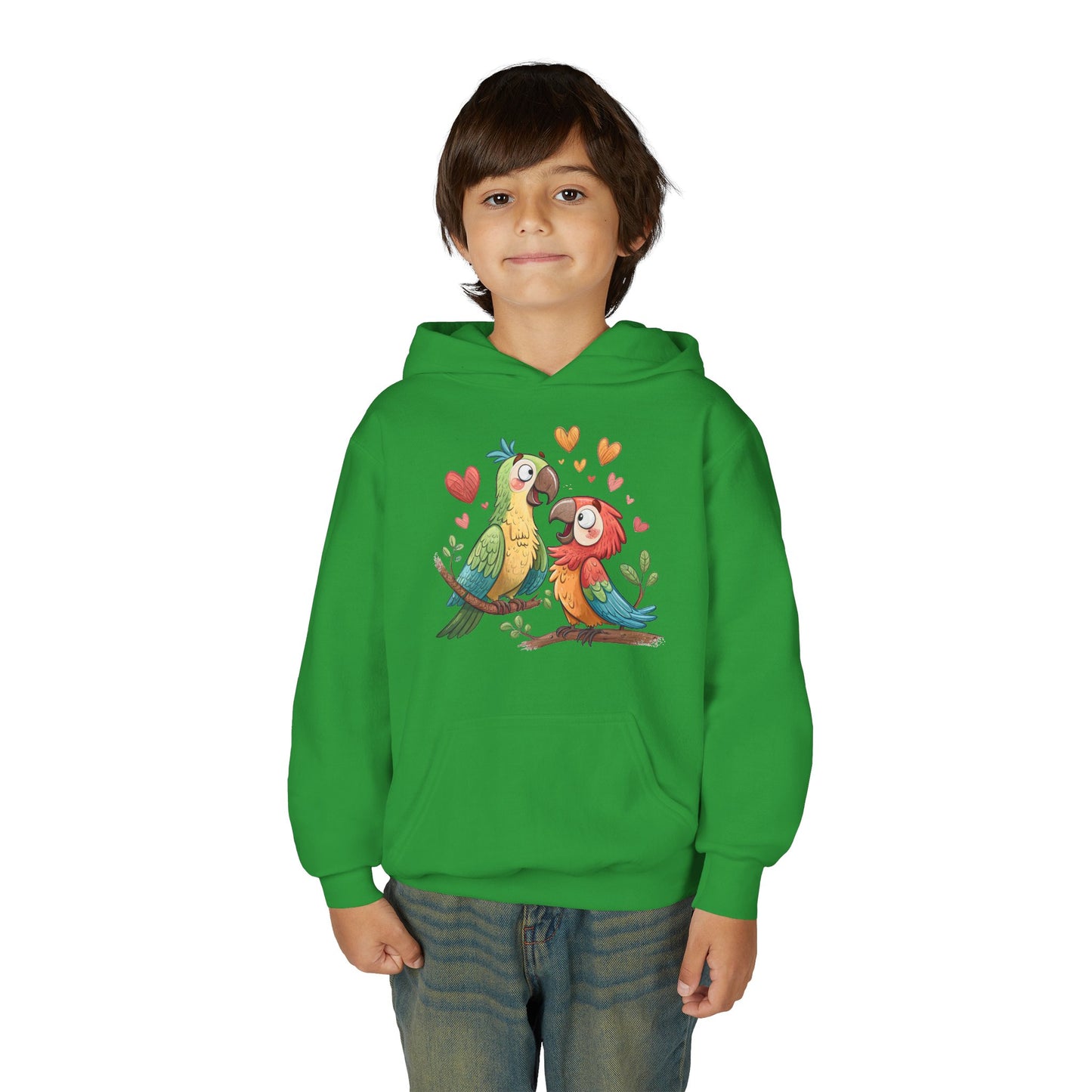 Youth Hoodie — Cute Parrot Couple Illustration (Hearts, Kids Pullover)