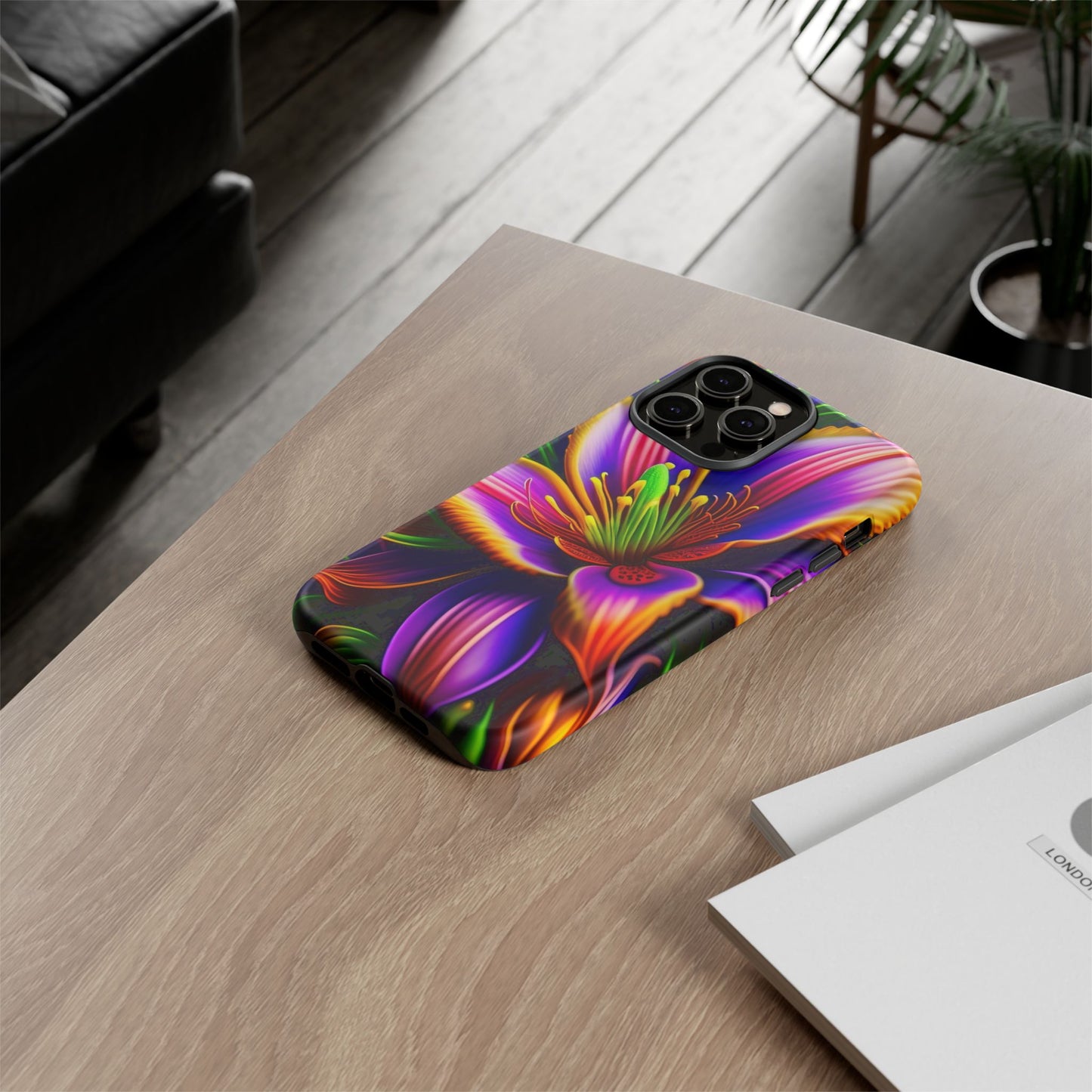 Floral Neon Tough Phone Case — Vivid Purple & Orange Lily Protective Cover