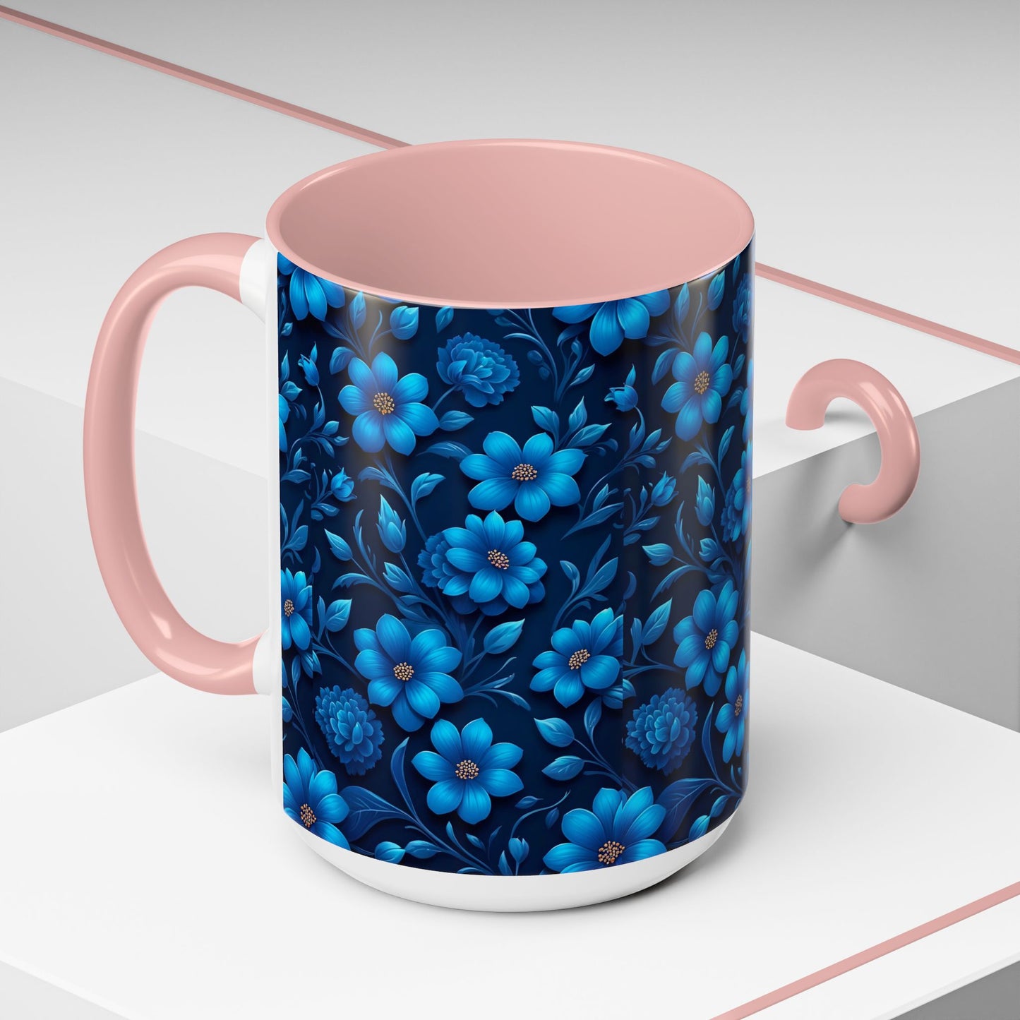 Floral Accent Coffee Mug, Blue Flower Mug, Ceramic Coffee Cup, Gift for Her, Nature-Themed Drinkware, Floral Home Decor, Unique Mug