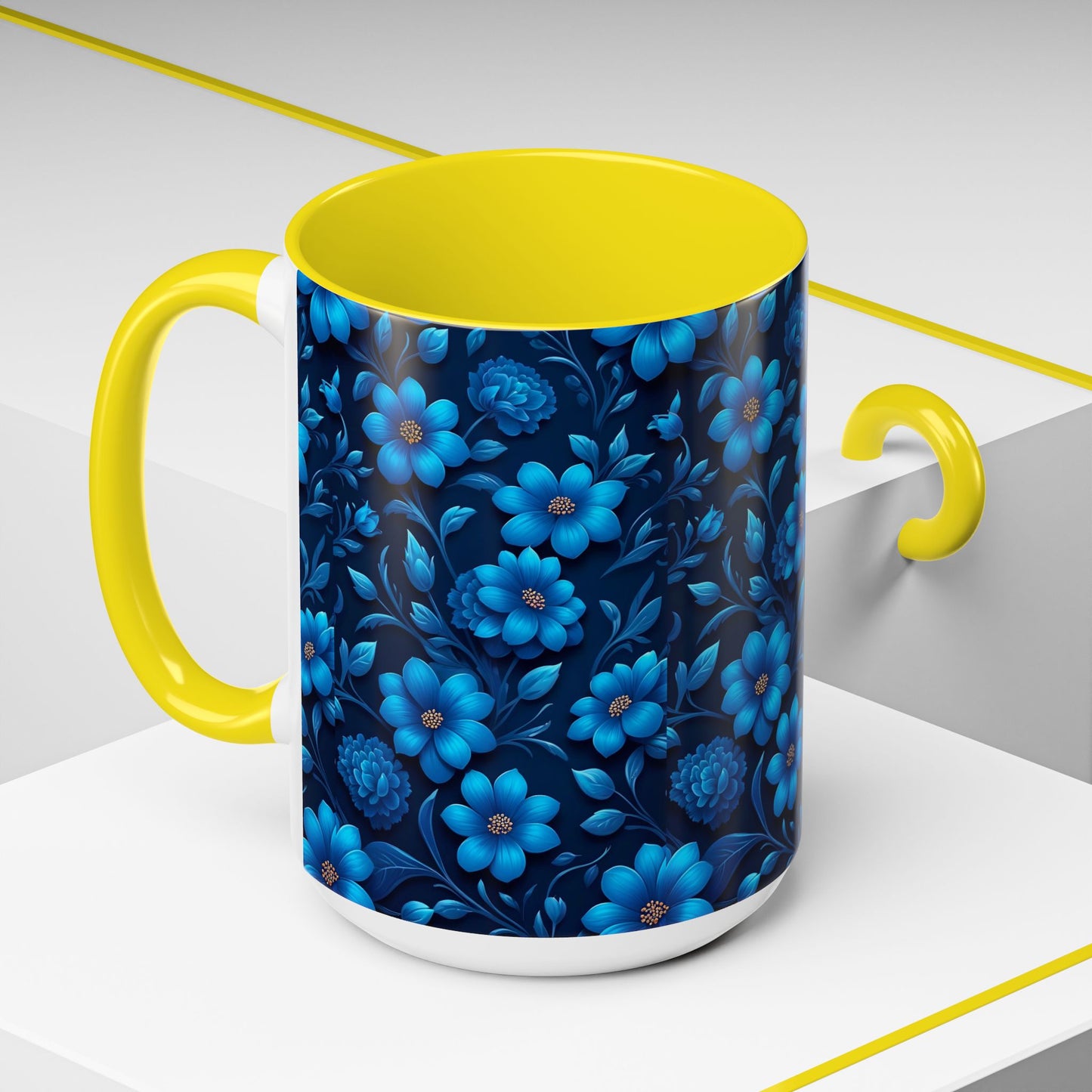 Floral Accent Coffee Mug, Blue Flower Mug, Ceramic Coffee Cup, Gift for Her, Nature-Themed Drinkware, Floral Home Decor, Unique Mug