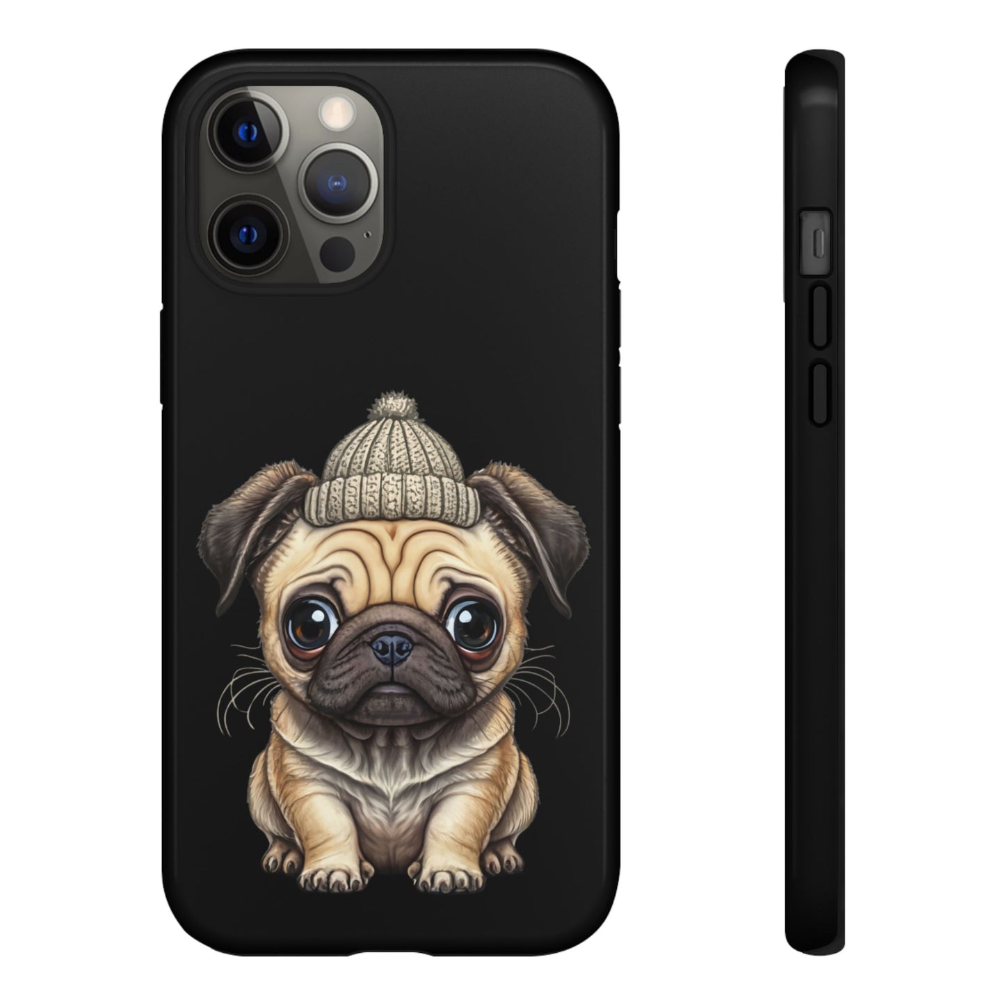 Pug Phone Case – Cute Pug Puppy Illustration on Black Tough Case