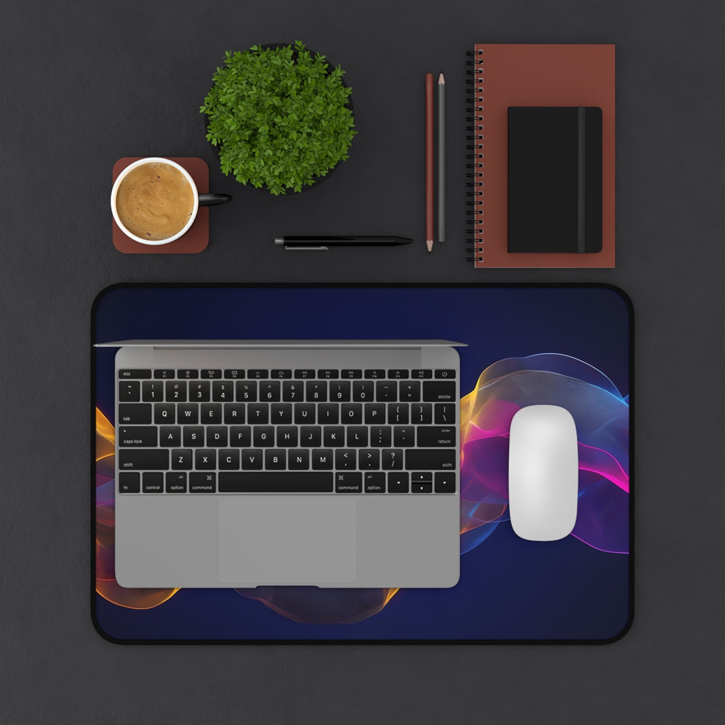 Abstract Neon Wave Desk Mat — Colorful Smoke Mouse Pad for Office & Gaming