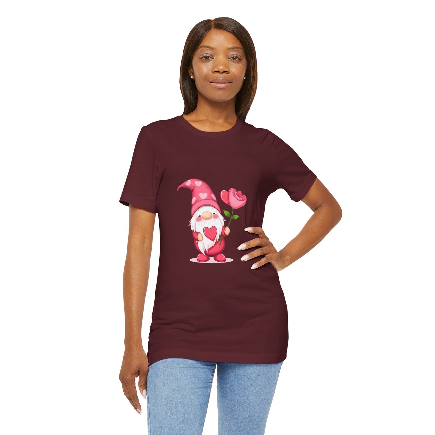 Valentine Gnome T‑Shirt — Cute Pink Gnome Holding Rose Tee