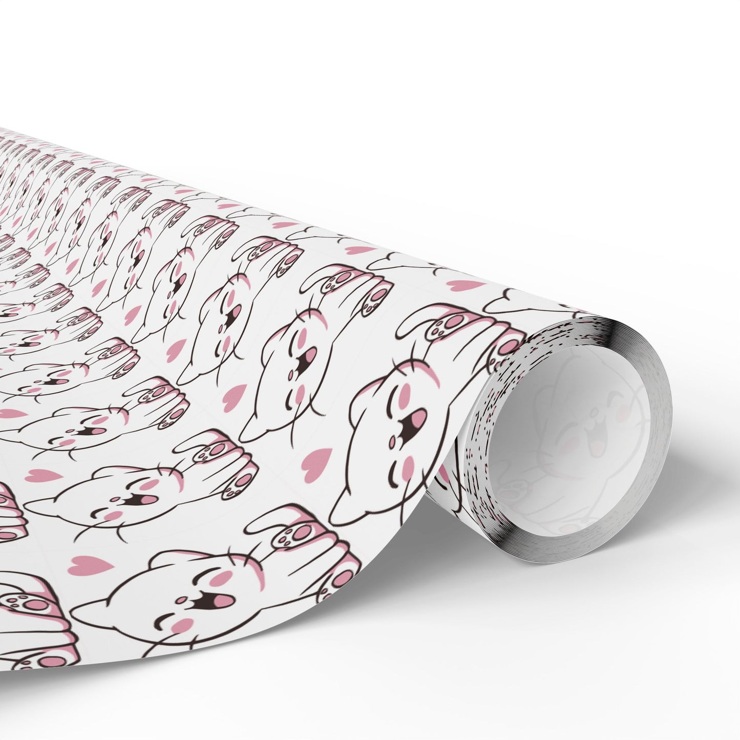Wrapping Paper Roll — Cute Blushing Cat Pattern with Pink Hearts