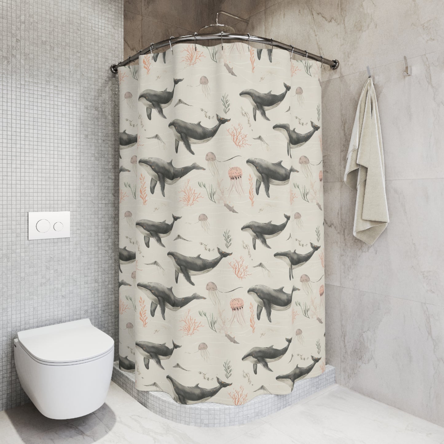 Whale Watercolor Shower Curtain — Nautical Ocean Life Bathroom Decor