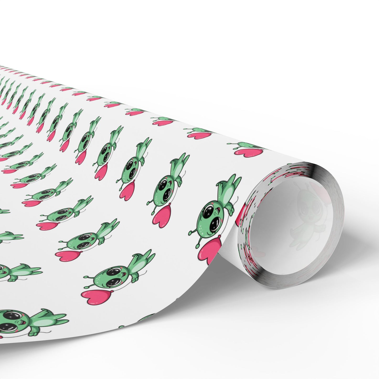 Wrapping Paper – Cute Green Alien with Pink Heart Pattern, Cute Gift Wrap for Kids & Baby Showers