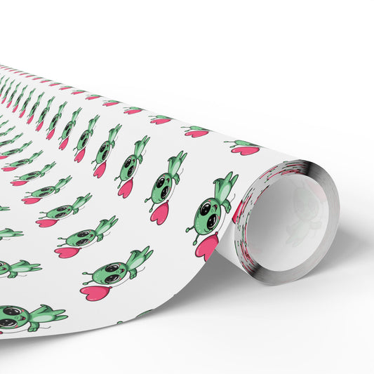 Wrapping Paper – Cute Green Alien with Pink Heart Pattern, Cute Gift Wrap for Kids & Baby Showers