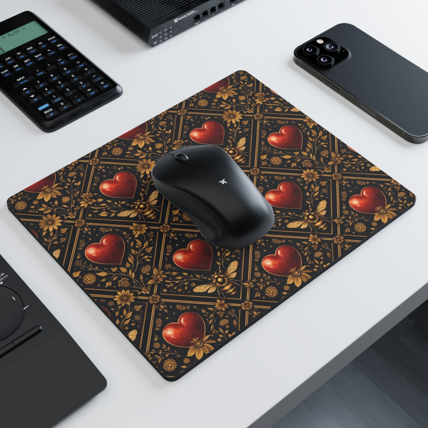 Heart Pattern Mouse Pad — Vintage Gothic Red Hearts on Ornate Gold Tile