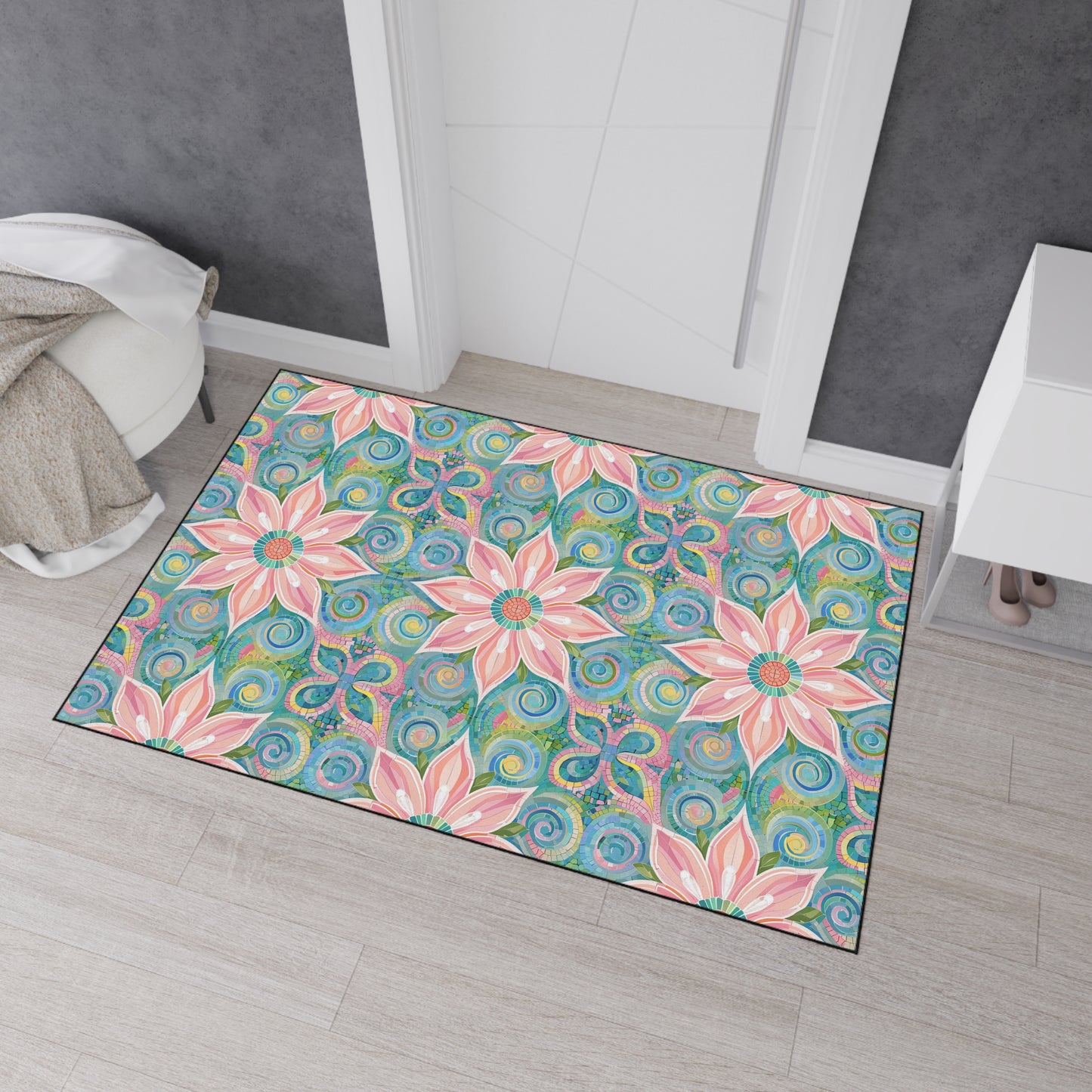 Floral Kaleidoscope Heavy-Duty Floor Mat — Pink Petal Outdoor/Entry Rug