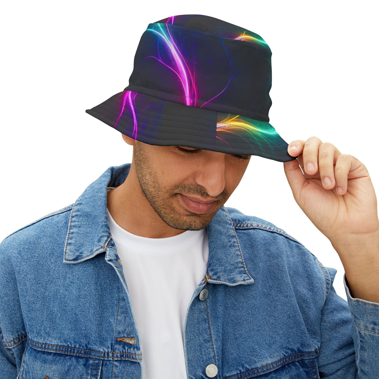 Neon Wave Bucket Hat — Abstract Glow AOP Summer Hat