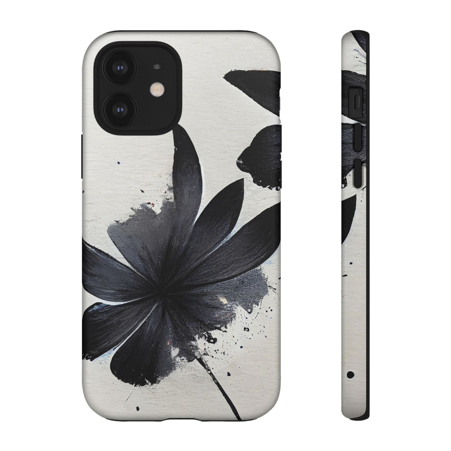 Monochrome Floral Tough Phone Case — Black Ink Flower Protective Cover
