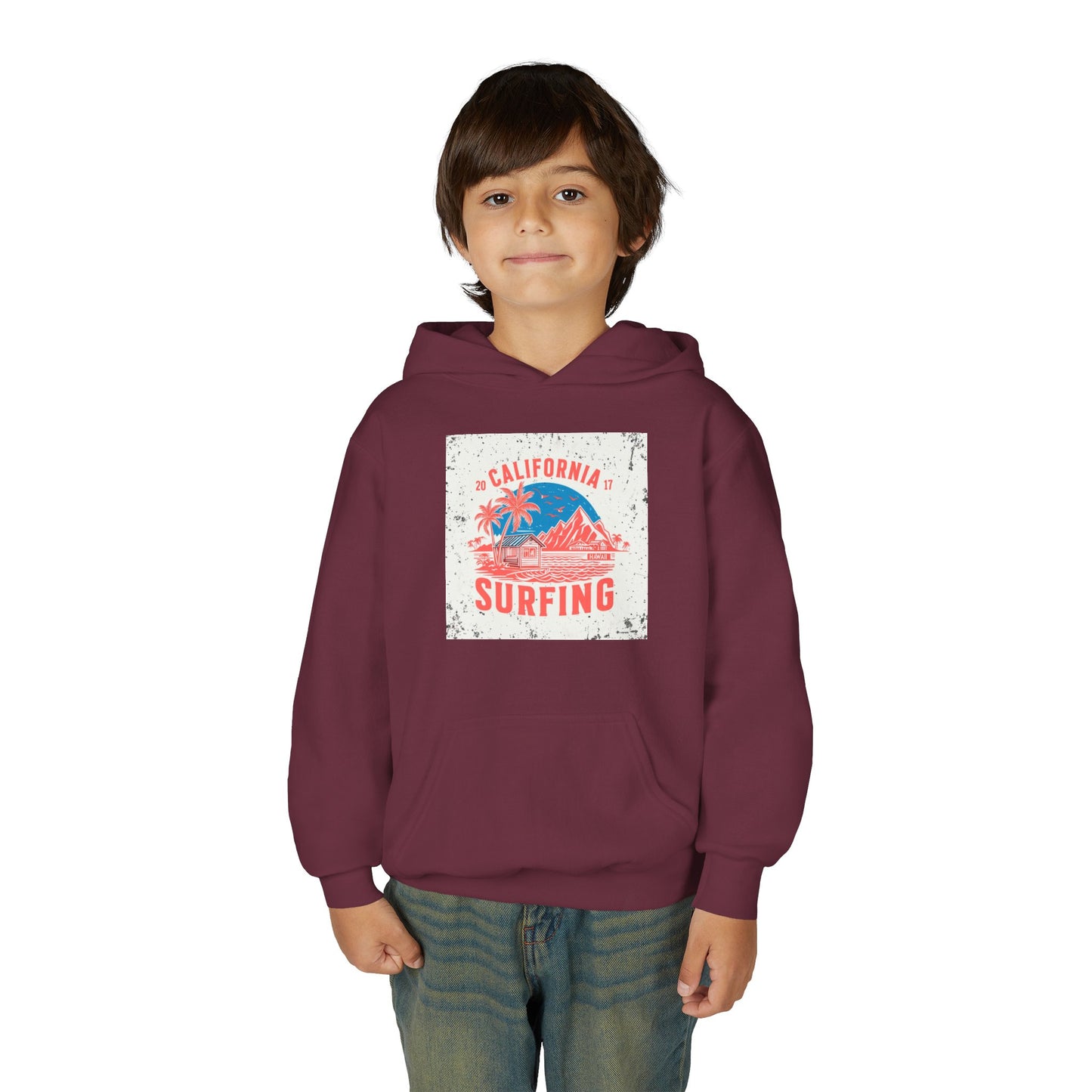 California Surfing Youth Hoodie — Retro Beach Palm Tree Surf Graphic