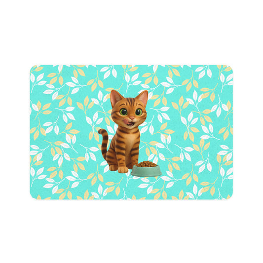 Cute Tabby Cat Pet Food Mat (12x18) — Non-Slip Feeding Placemat with Teal Leaf Pattern