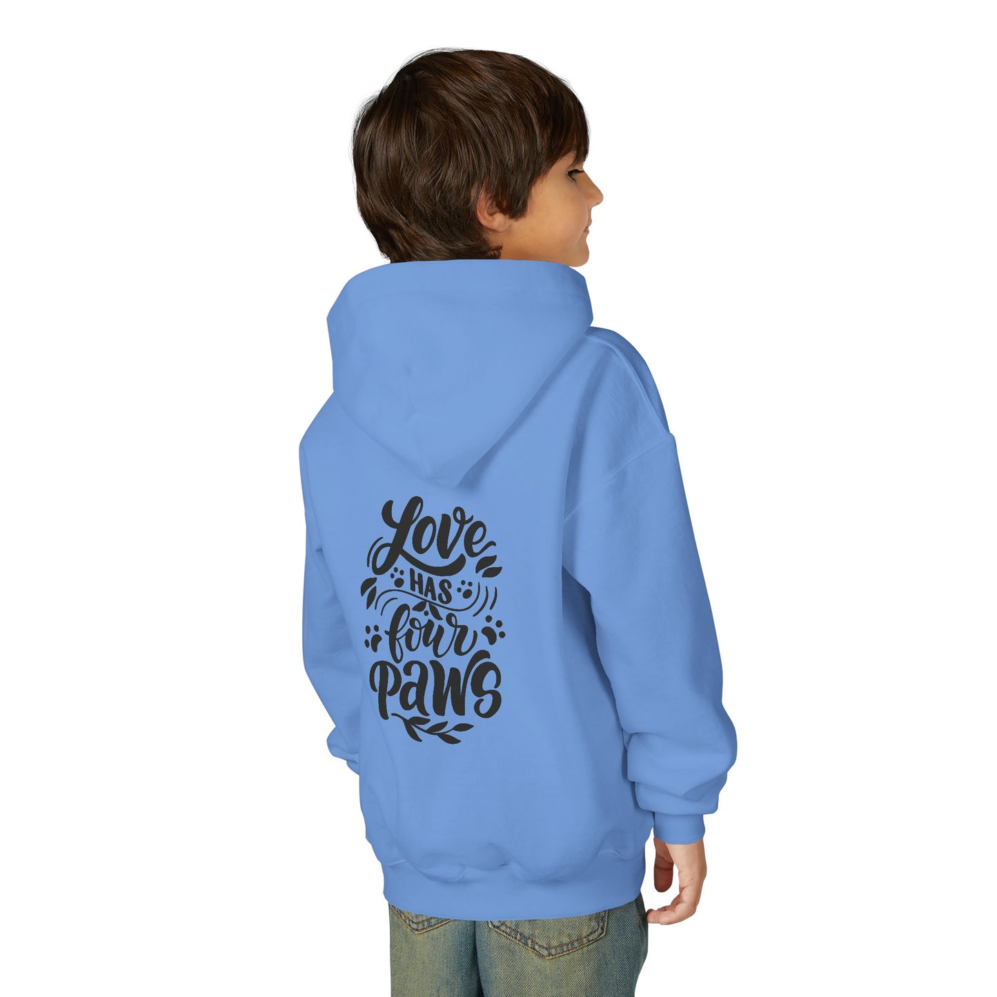 Youth Hoodie — Cute Black Shih Tzu with “Love Has Four Paws” Back Print