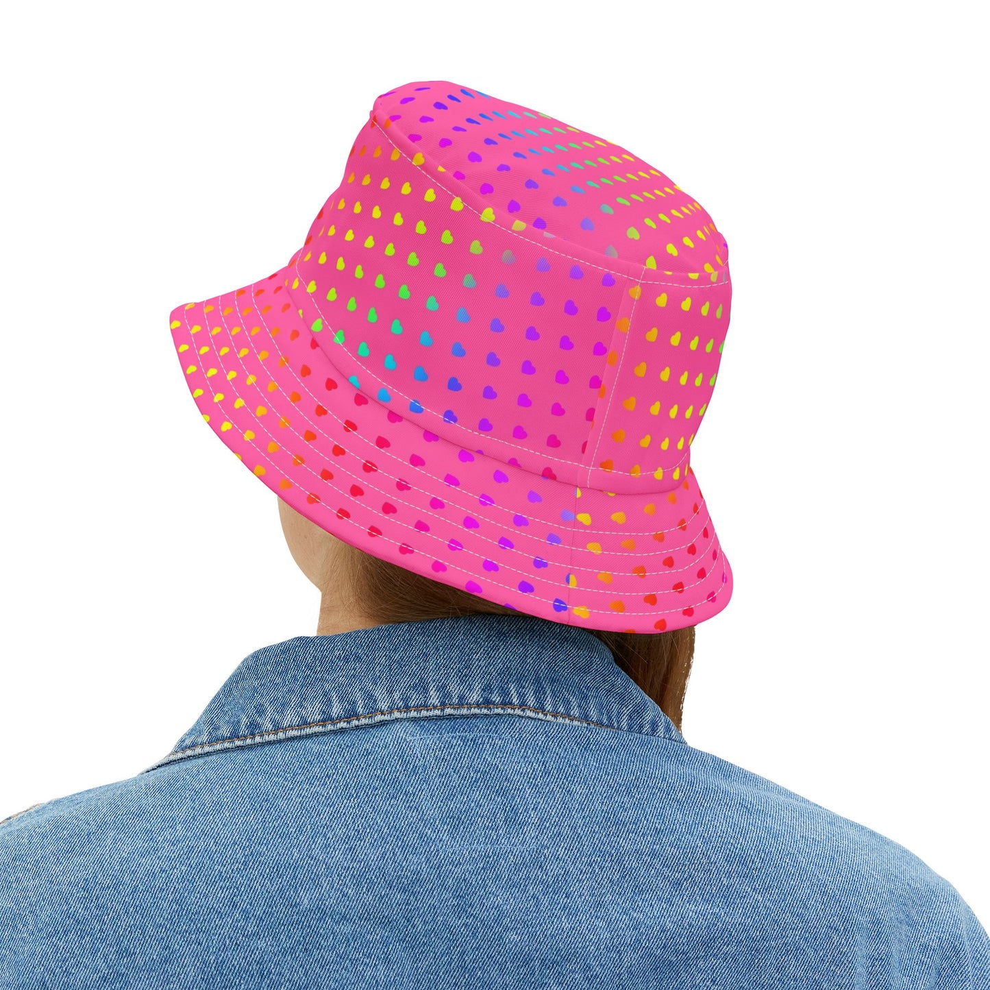 Pink Rainbow Heart Bucket Hat — Colorful Polka Dot Summer Sun Hat