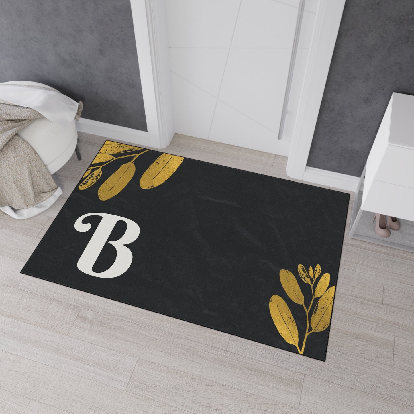 Monogram B Heavy Duty Floor Mat — Black & Gold Botanical Doormat