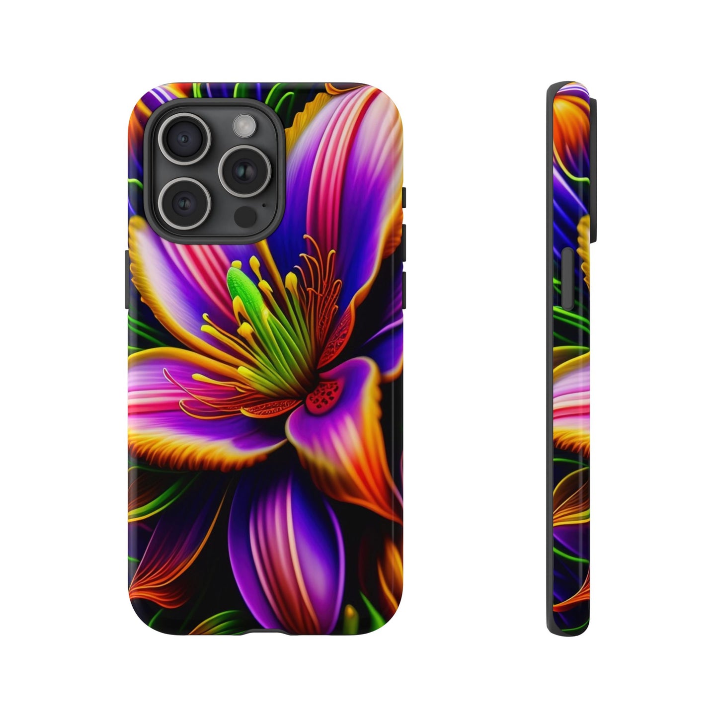 Floral Neon Tough Phone Case — Vivid Purple & Orange Lily Protective Cover