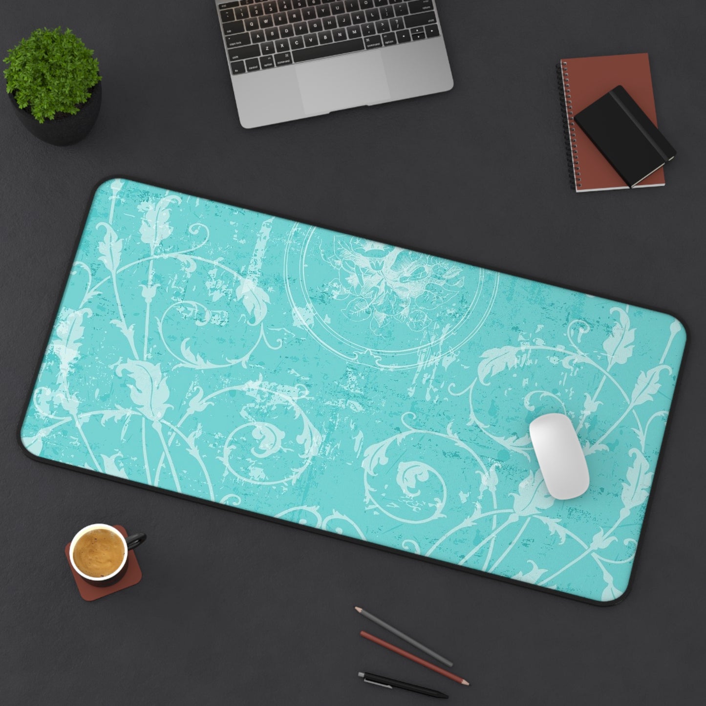 Turquoise Vintage Flourish Desk Mat — Floral Mouse Pad Surface
