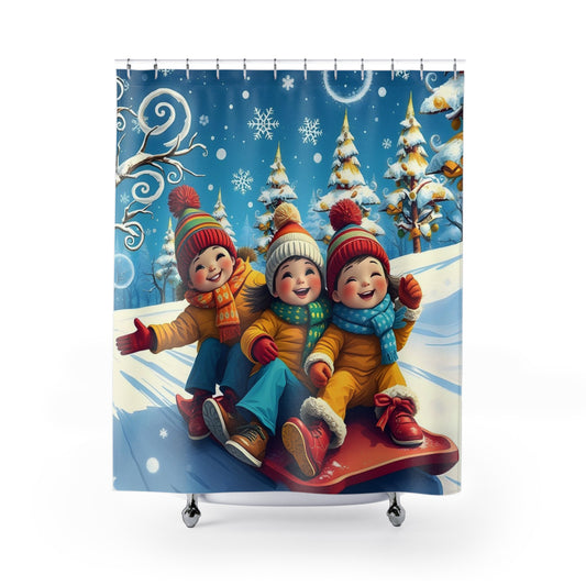 Winter Sledding Kids Shower Curtain — Festive Snowy Holiday Bathroom Decor