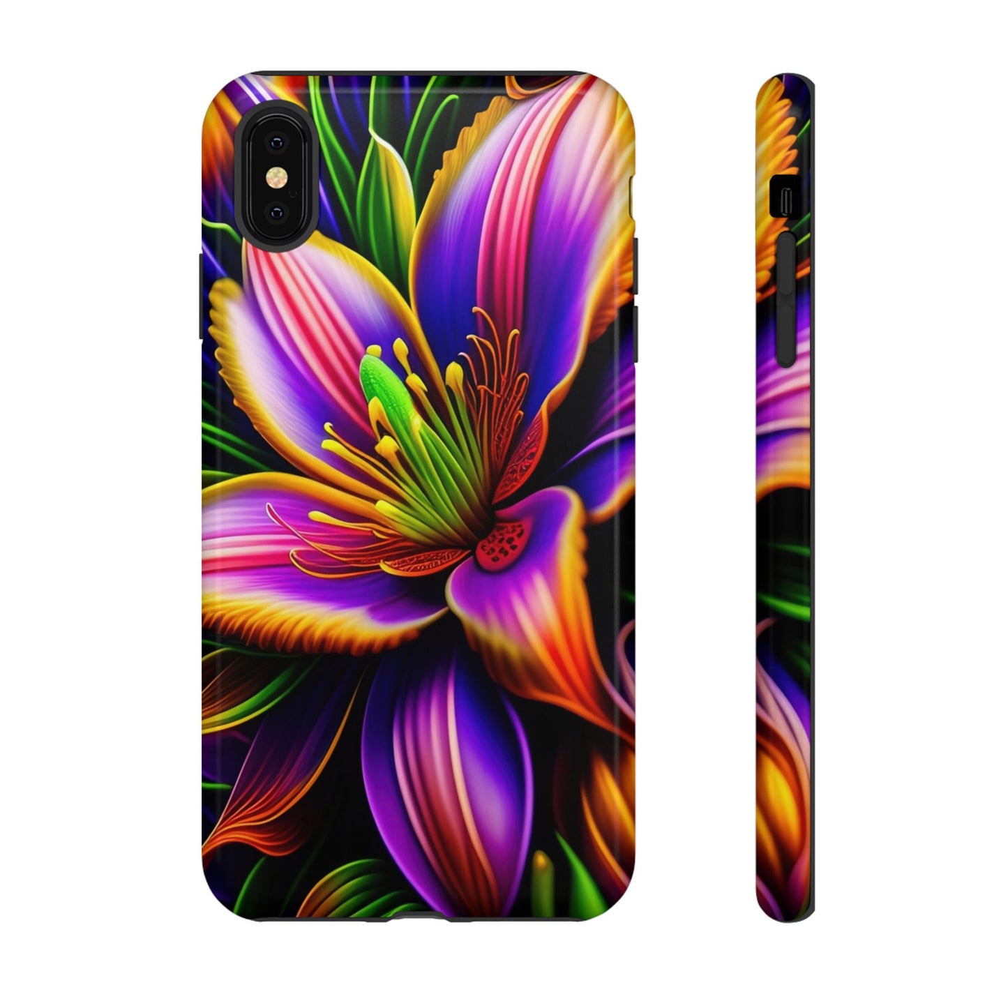 Floral Neon Tough Phone Case — Vivid Purple & Orange Lily Protective Cover