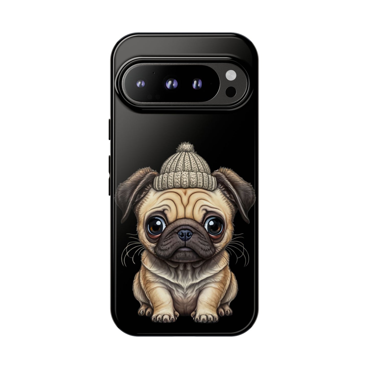 Pug Phone Case – Cute Pug Puppy Illustration on Black Tough Case