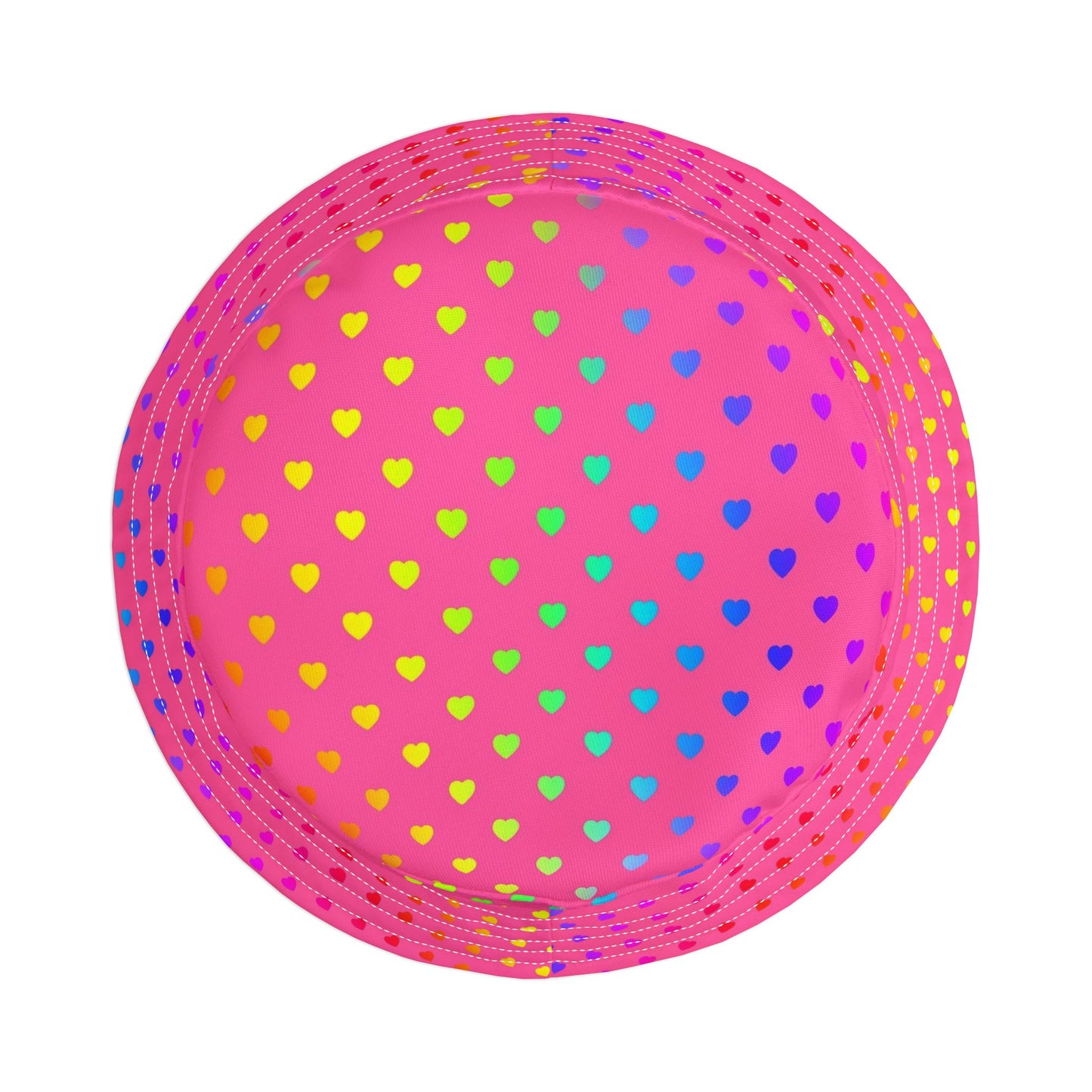Pink Rainbow Heart Bucket Hat — Colorful Polka Dot Summer Sun Hat