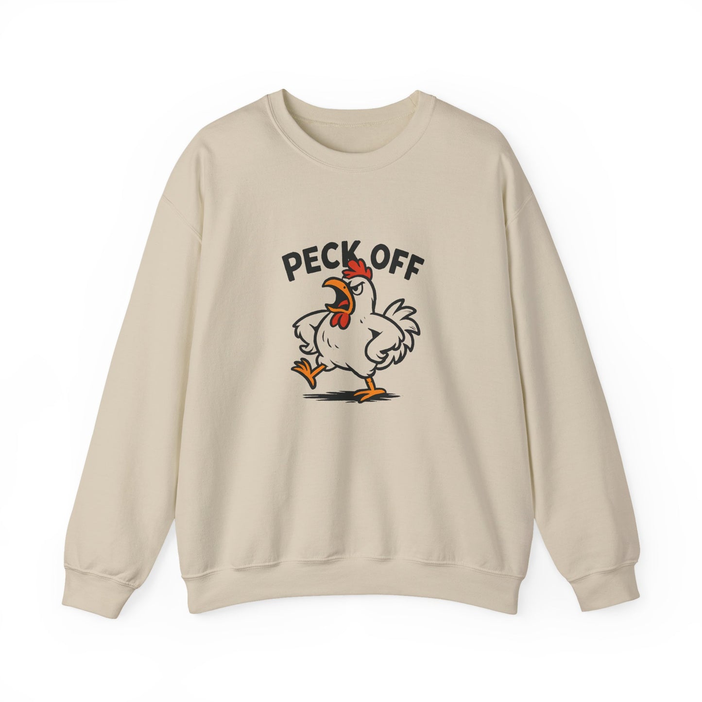 Crewneck Sweatshirt — 'Peck Off' Funny Angry Chicken Graphic
