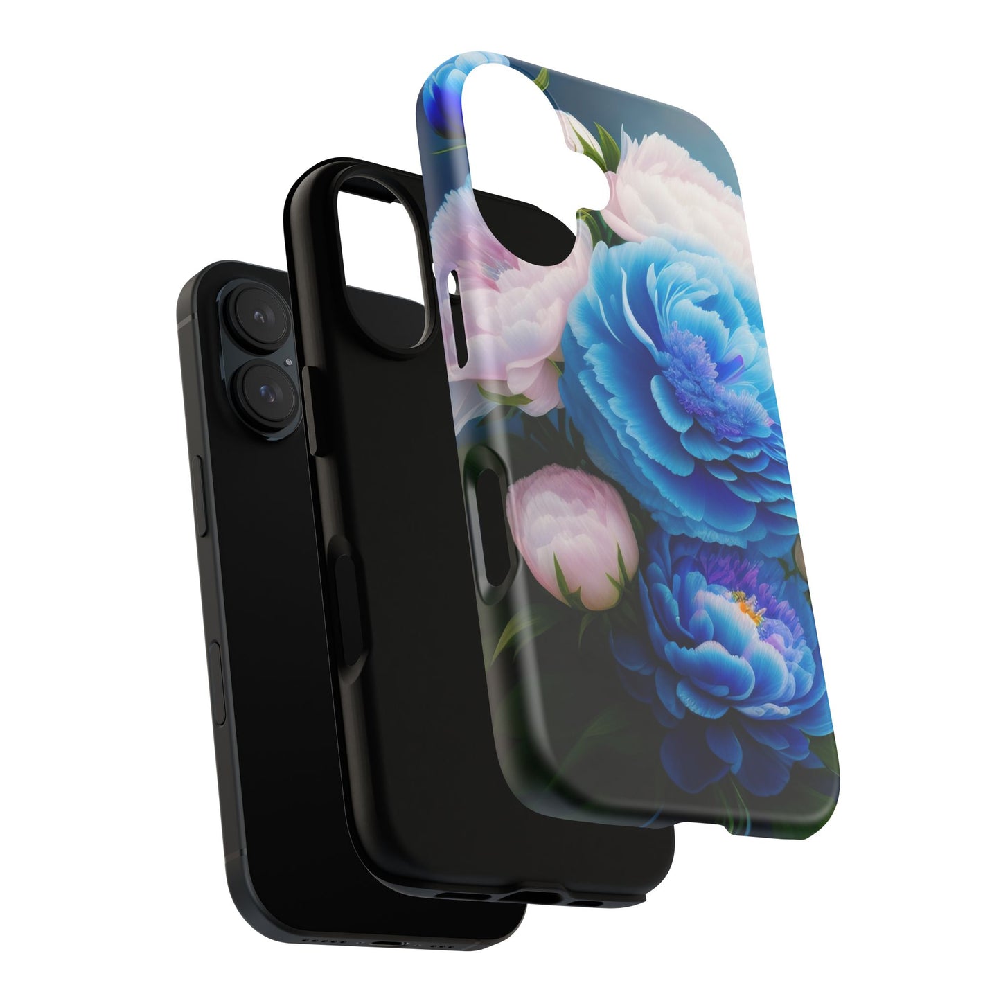 Floral Blue Peony Phone Case — Protective Tough Case with Pink & Blue Blooms