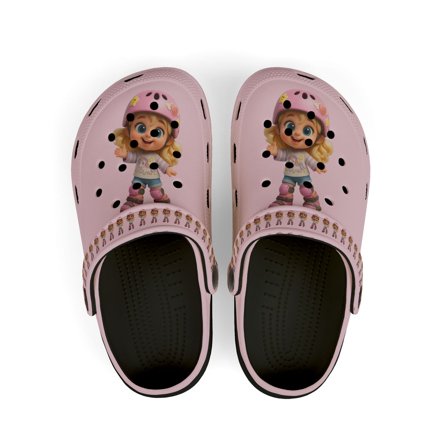 Kids Pink Character EVA Clogs — Cute Roller Girl Graphic