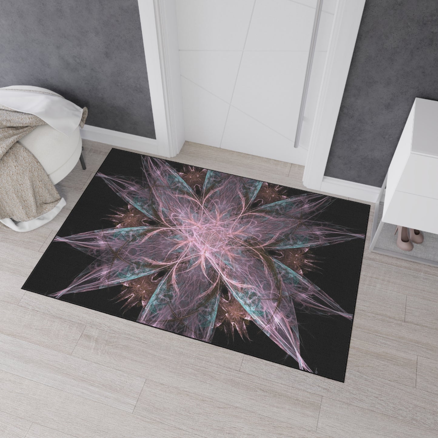 Mandala Star Heavy-Duty Floor Mat — Abstract Pink & Teal Fractal Entrance Rug