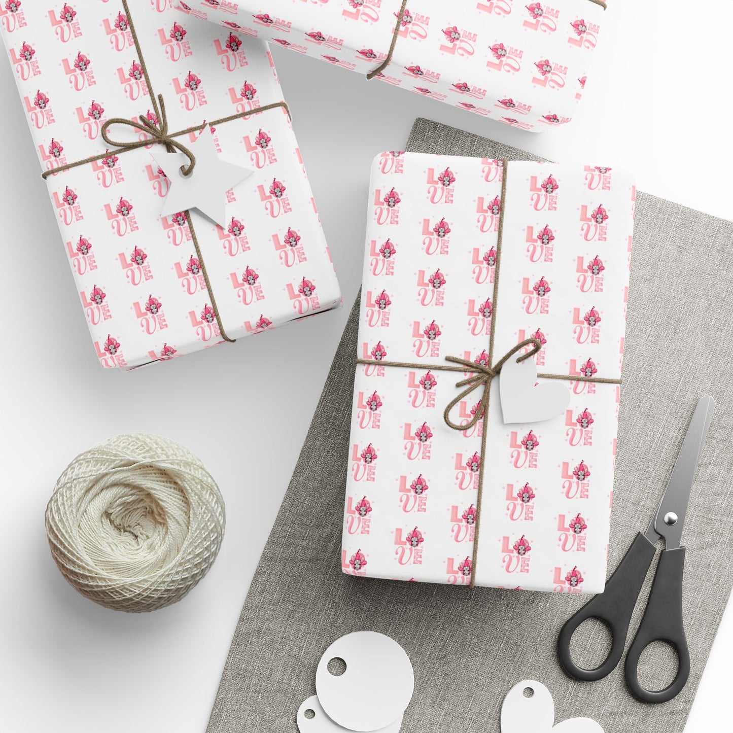 Wrapping Paper Roll — Pink Floral “Love” Pattern Gift Wrap for Valentine’s Day & Weddings
