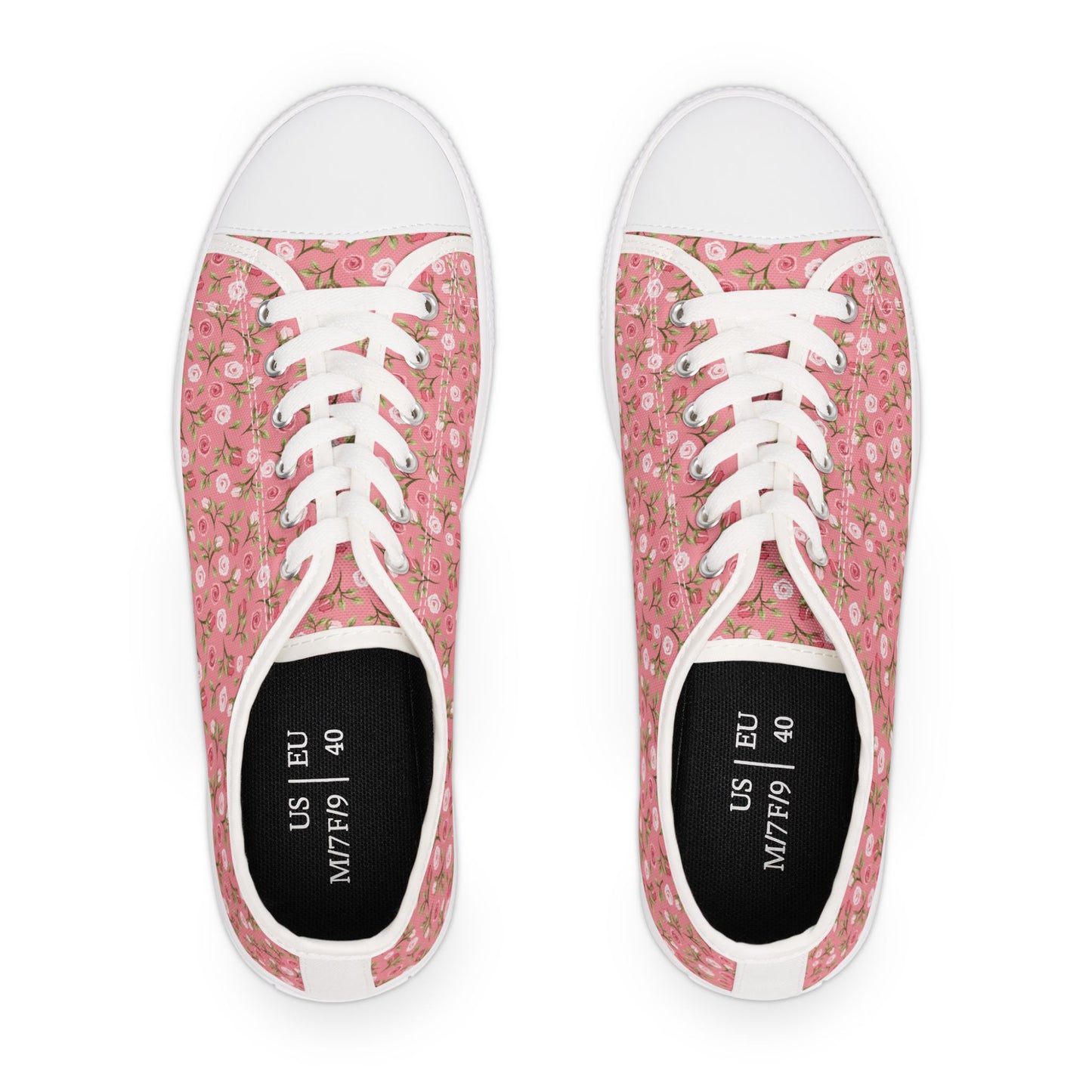 Floral Pink Low Top Sneakers — Women's Cute Rose Pattern Canvas Shoes