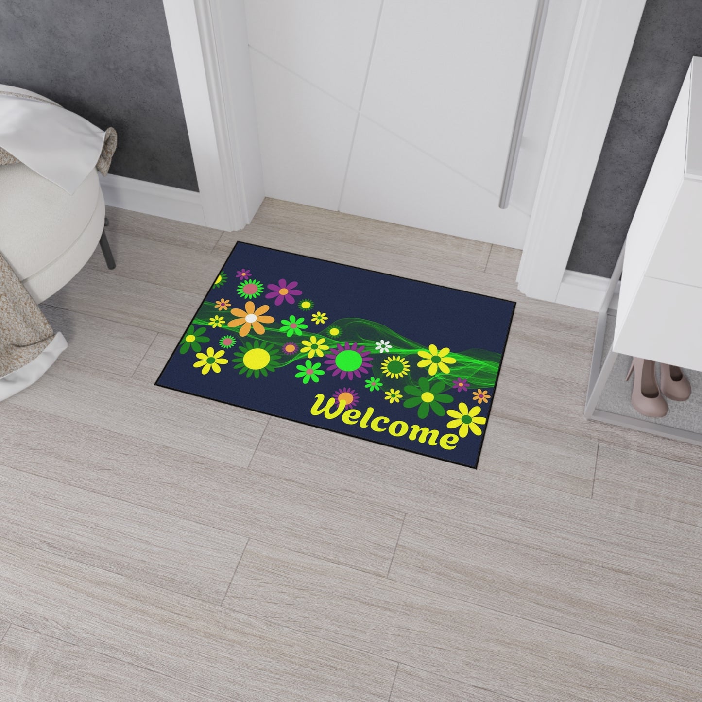 Welcome Floral Heavy-Duty Floor Mat — Colorful Spring Flowers Door Mat