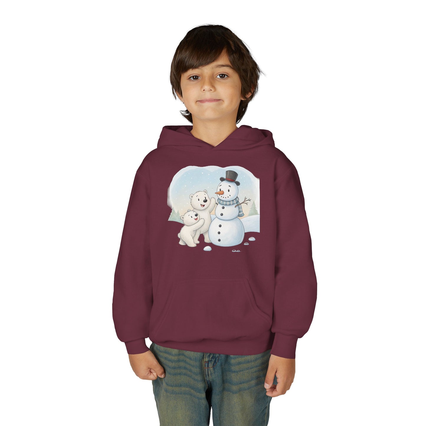 Kids Snowman Hoodie — Cute Polar Bear & Snowman Holiday Sweatshirt