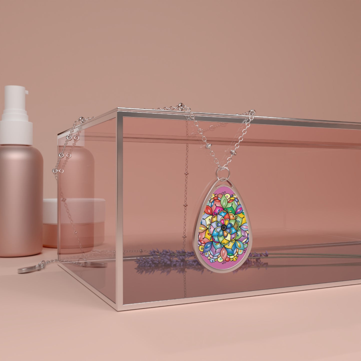 Colorful Mandala Oval Necklace, Bohemian Jewelry, Artisan Pendant