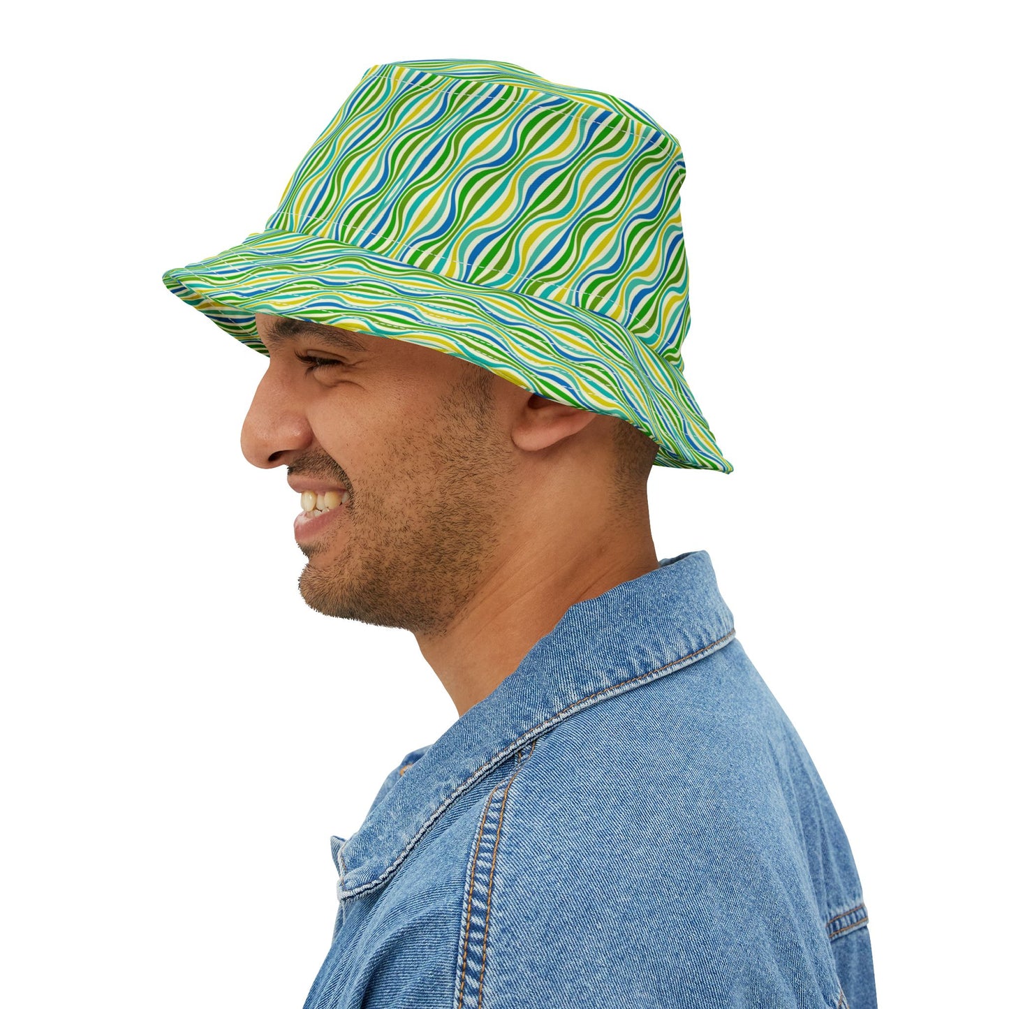 Green Wave Pattern Bucket Hat — Retro Groovy Summer Sun Hat