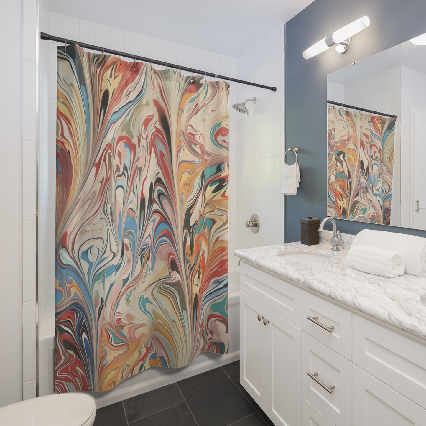 Abstract Marbled Shower Curtain — Colorful Swirl Bathroom Decor
