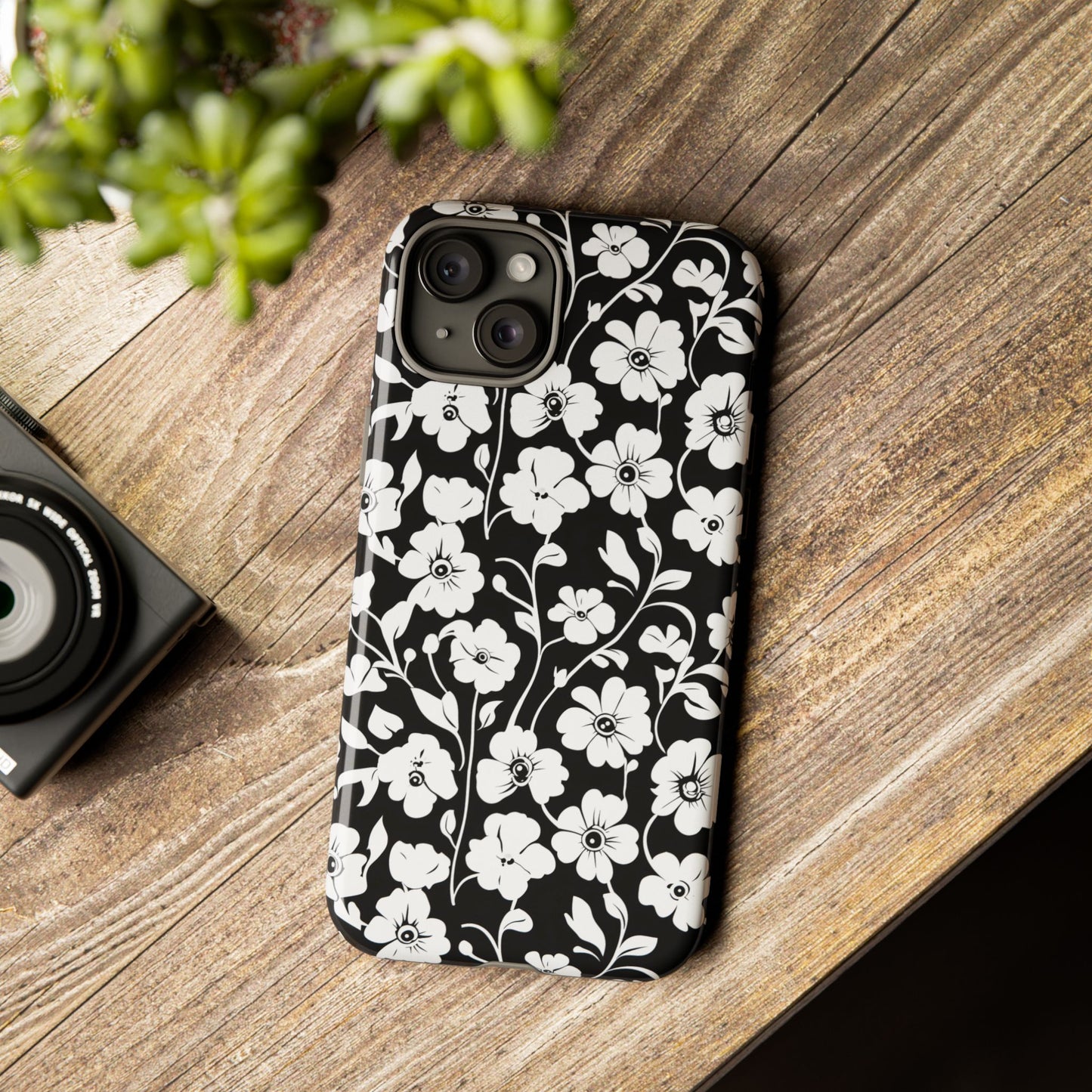 Floral Noir Tough Phone Case — Black & White Flower Protective Cover