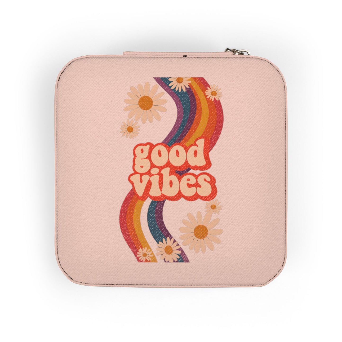 Good Vibes Jewelry Travel Case — Compact Retro Rainbow Daisy Jewelry Organizer