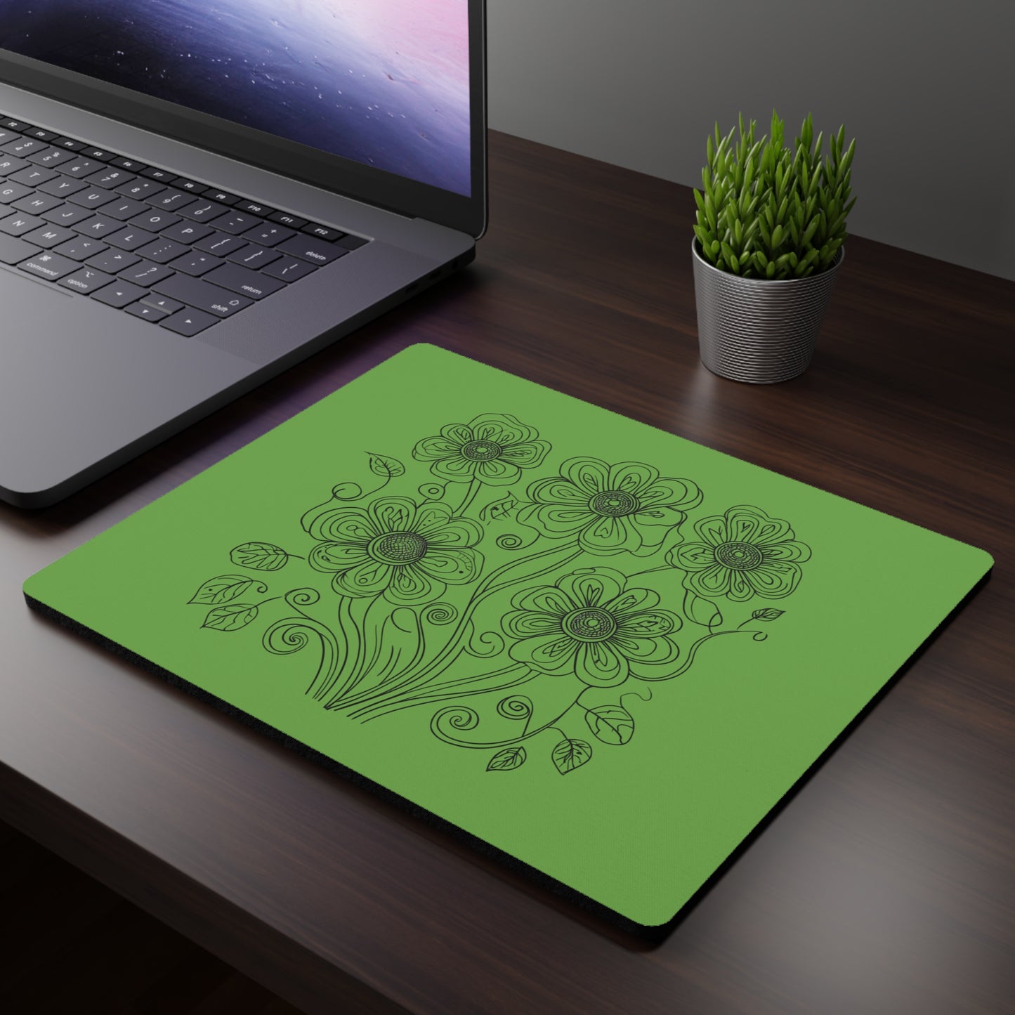 Floral Doodle Mouse Pad — Green Hand-Drawn Flower Desk Mat