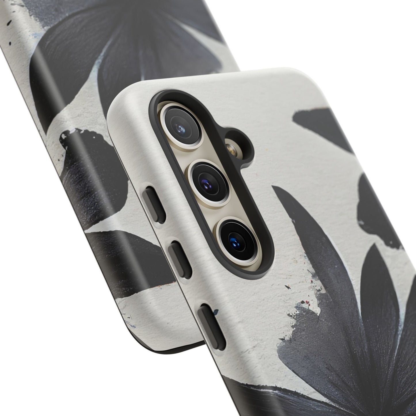 Monochrome Floral Tough Phone Case — Black Ink Flower Protective Cover