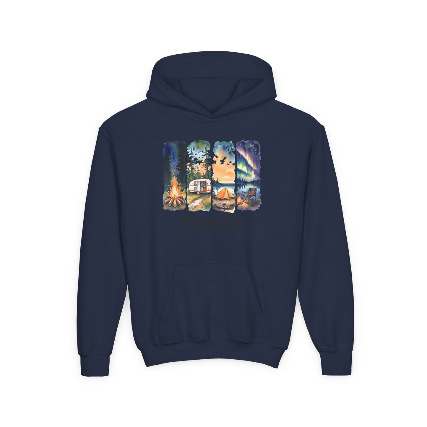 Youth Camping Life Hoodie — Scenic Campfire, Tent & Camper Pullover