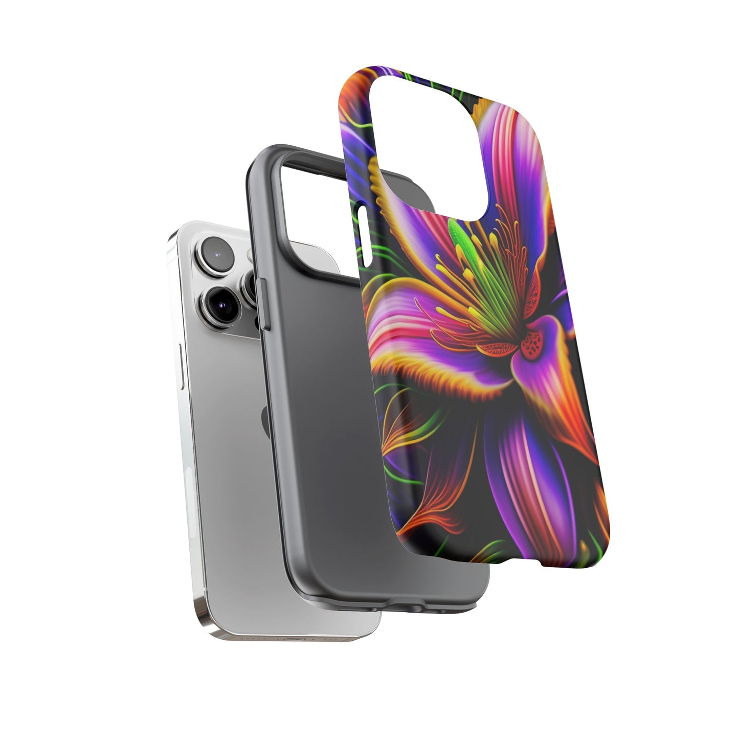 Floral Neon Tough Phone Case — Vivid Purple & Orange Lily Protective Cover