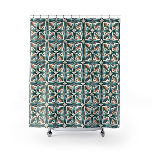 Bohemian Tile Pattern Shower Curtain — Teal & Terracotta Floral Geometric Bath Decor