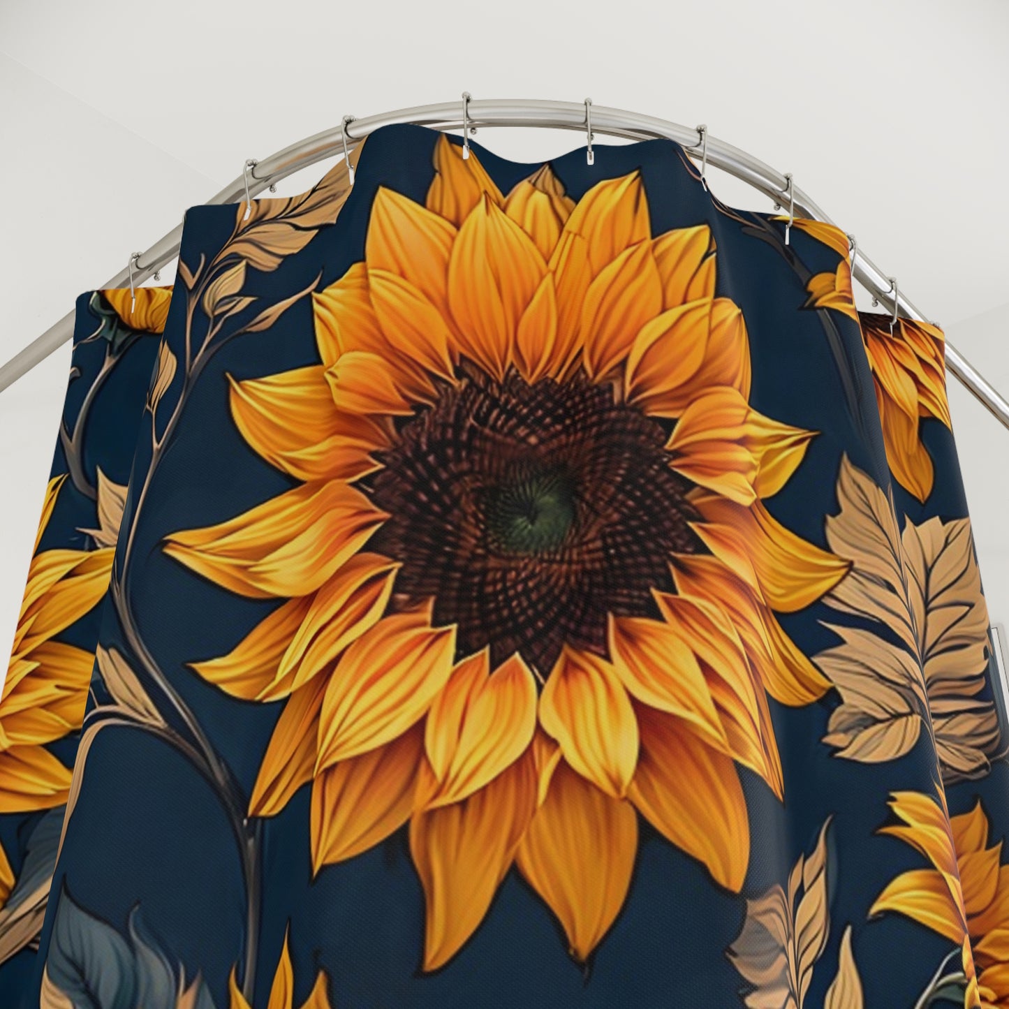 Sunflower Shower Curtain — Golden Sunflowers on Navy Floral Bath Curtain