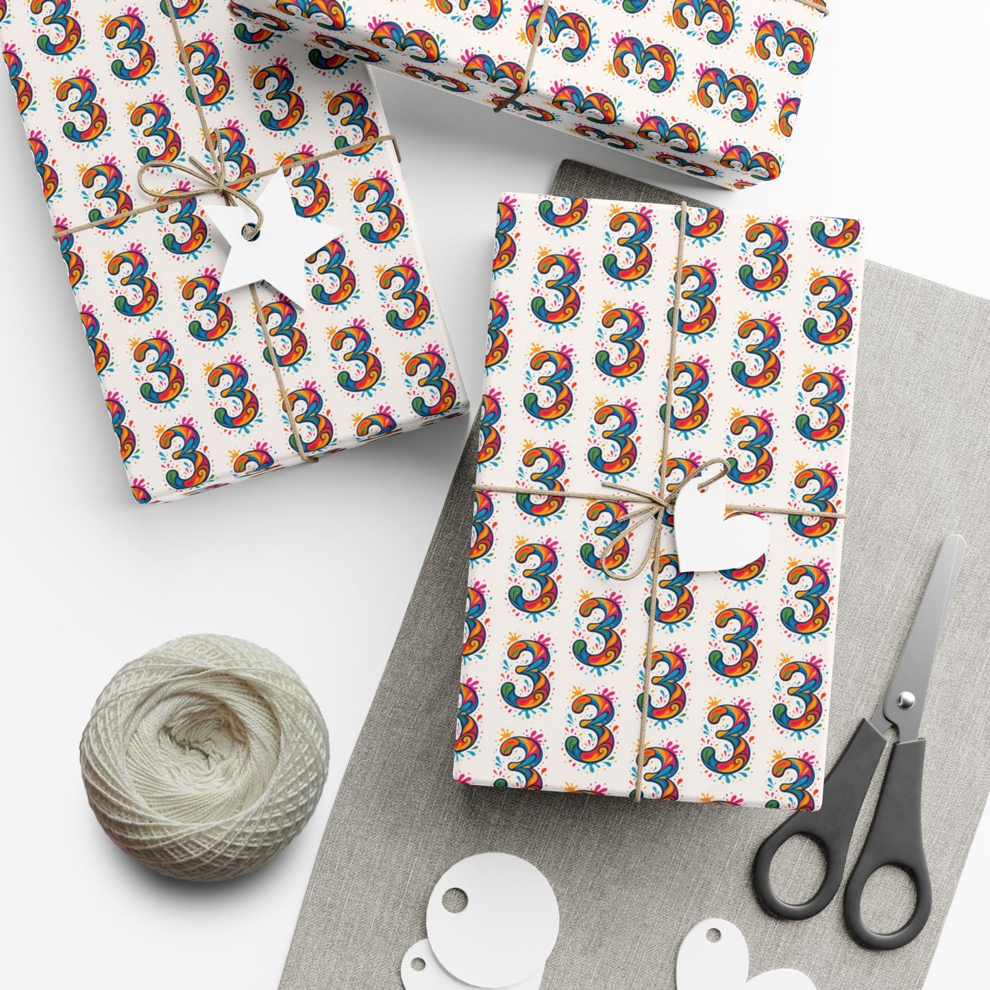 Number 3 Rainbow Pattern Gift Wrap Paper — Birthday Wrapping Sheets for 3rd Birthday Celebrations
