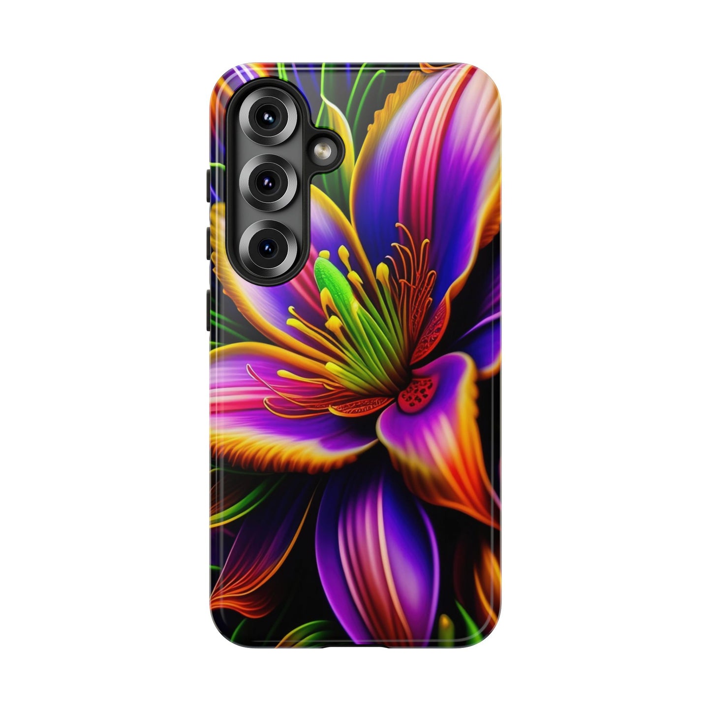 Floral Neon Tough Phone Case — Vivid Purple & Orange Lily Protective Cover