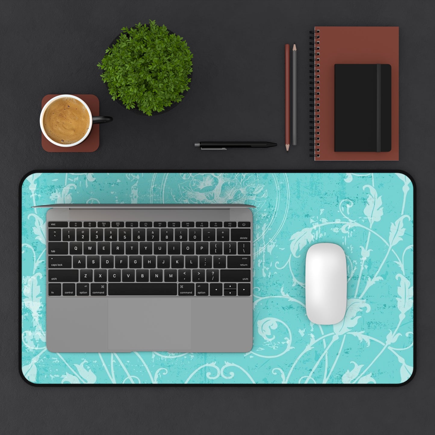 Turquoise Vintage Flourish Desk Mat — Floral Mouse Pad Surface